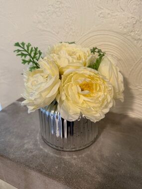 Cream/Ivory Artificial Peony & Rose Floral Arrangement in Silver Ribbed Vase